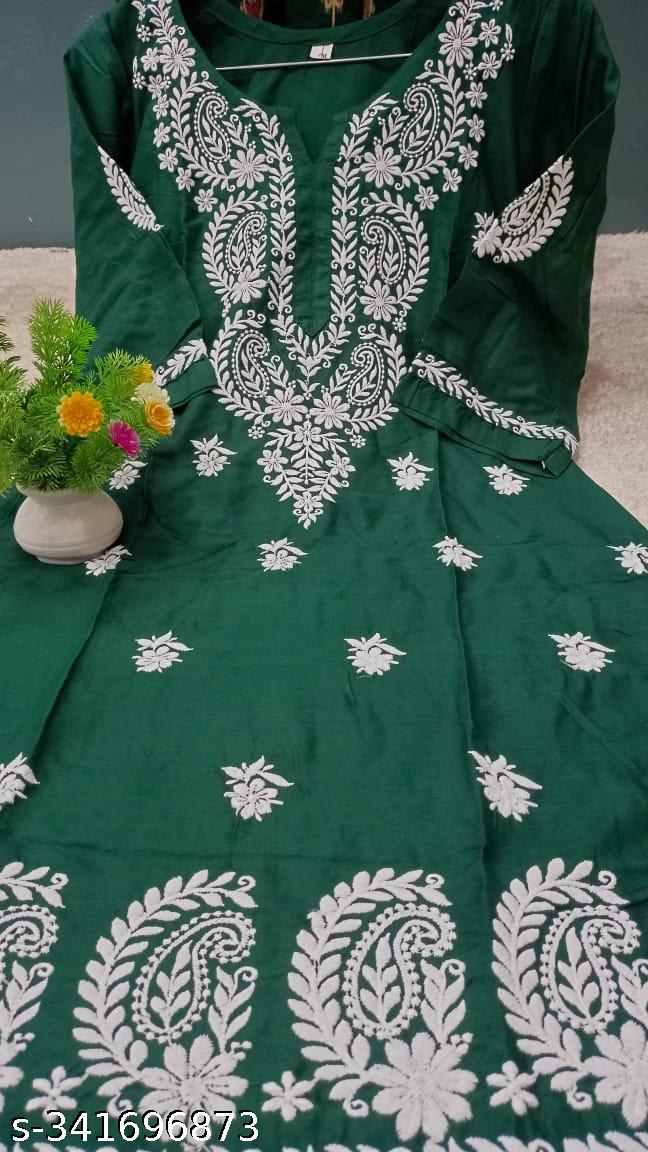 GREEN Rayon Cotton Chikankari Embroidery Work Kurti