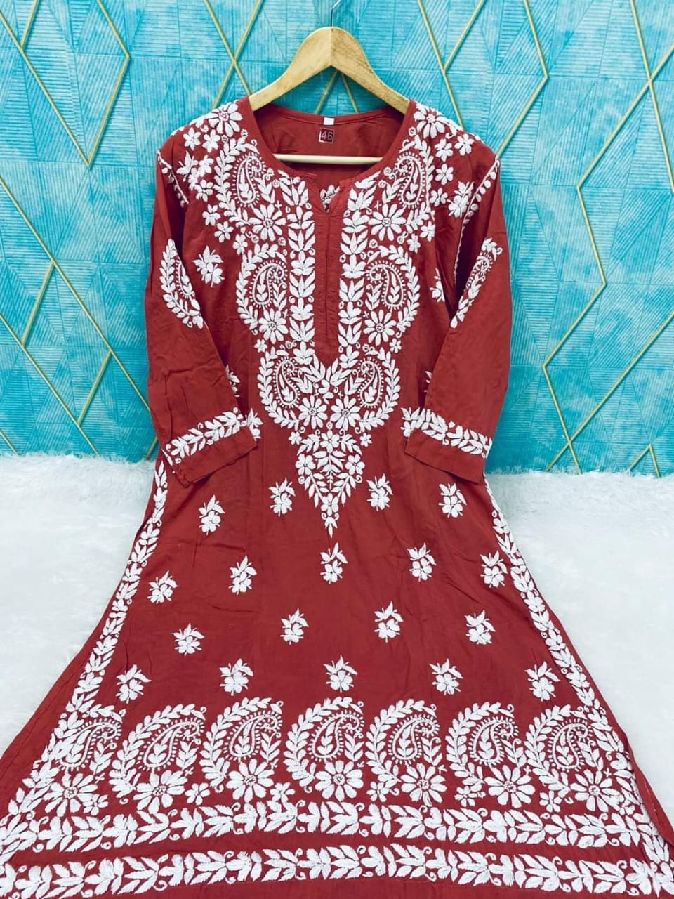MAROON Rayon Cotton Chikankari Embroidery Work Kurti