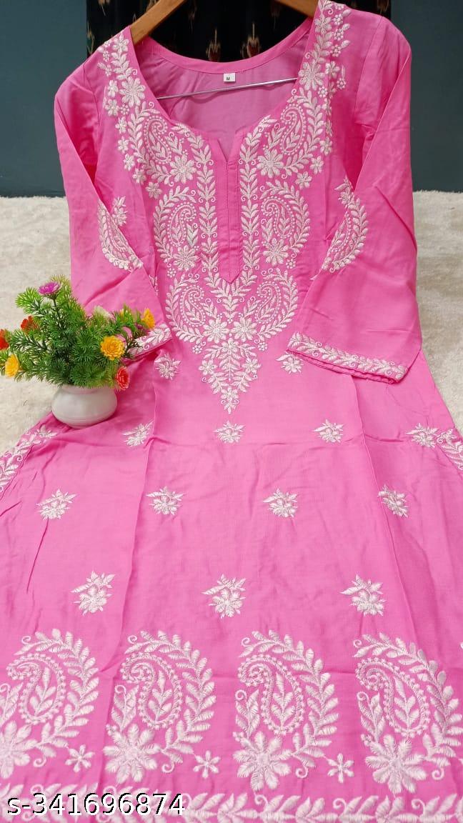 PINK Rayon Cotton Chikankari Embroidery Work Kurti