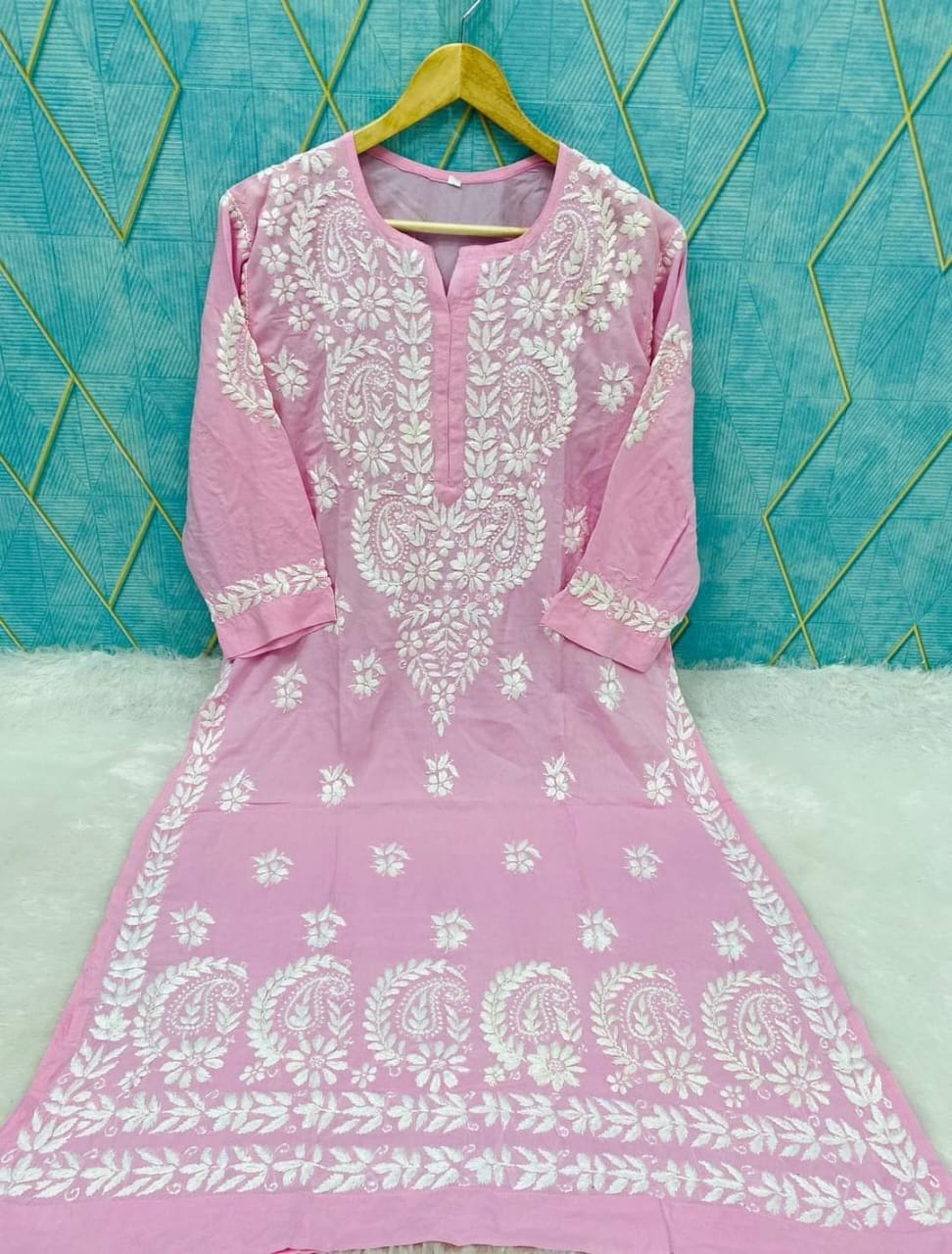 PINK Rayon Cotton Chikankari Embroidery Work Kurti