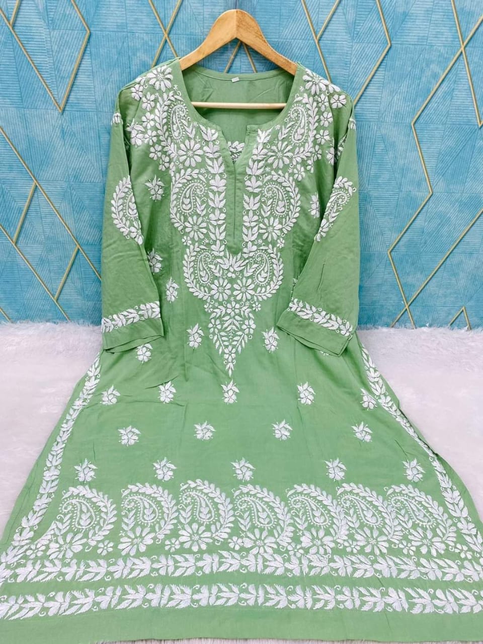 PISTA Rayon Cotton Chikankari Embroidery Work Kurti