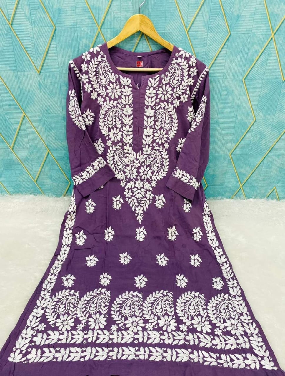 PURPLE Rayon Cotton Chikankari Embroidery Work Kurti