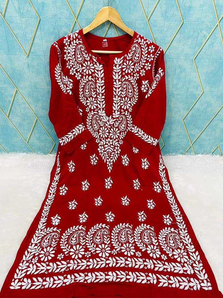 RED Rayon Cotton Chikankari Embroidery Work Kurti