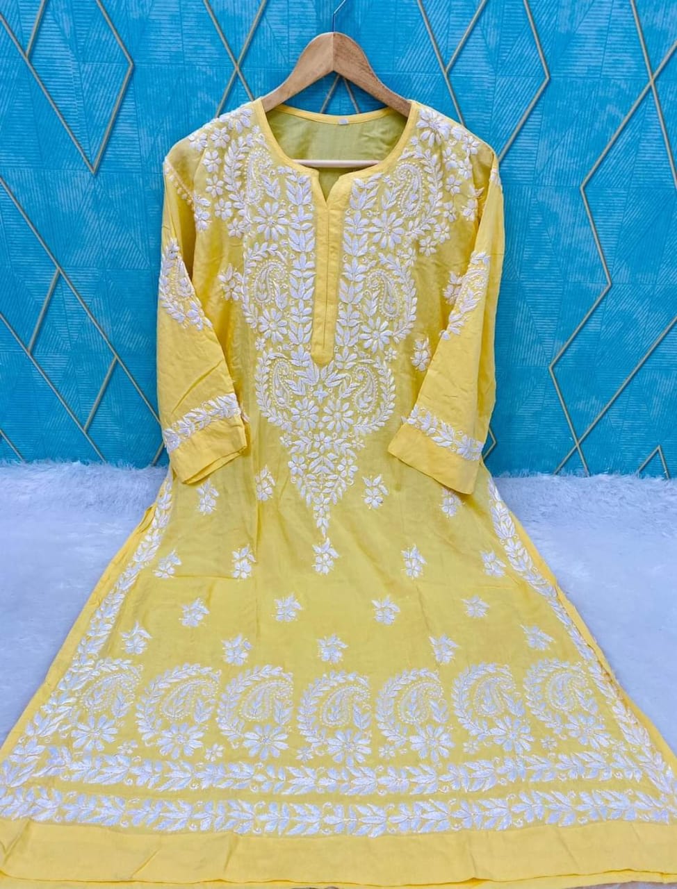 YELLOW Rayon Cotton Chikankari Embroidery Work Kurti