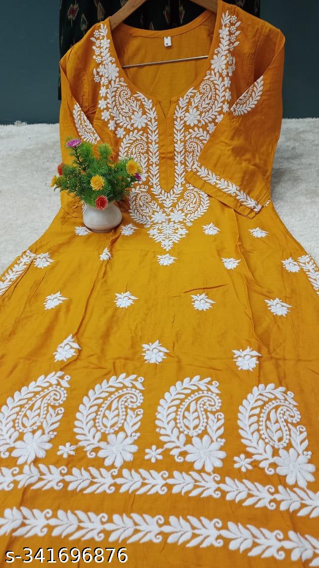 YELLOW Rayon Cotton Chikankari Embroidery Work Kurti