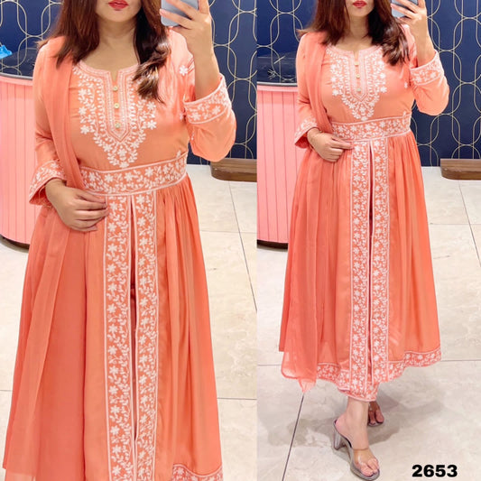 PEACH Rayon Palazzo Suit with Gown Indo western Dress
