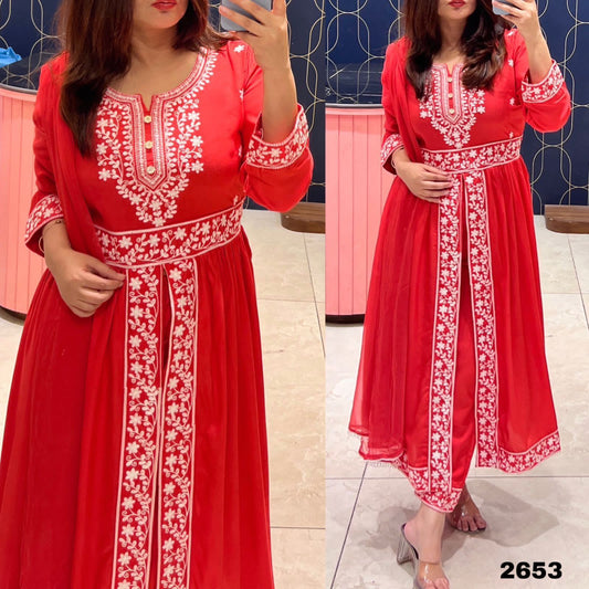 RED Rayon Palazzo Suit with Gown Indo western Dress