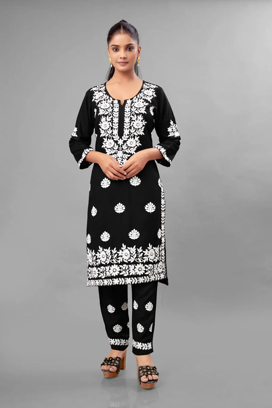Black Partywear Chikankari Straight Kurta Palazzo Set Readymade For Women