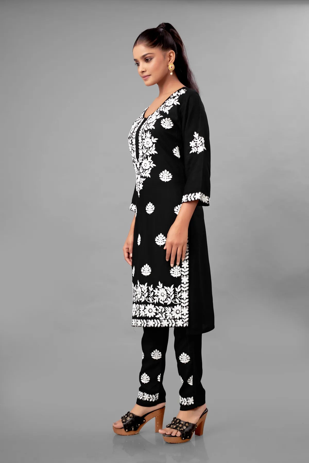 Black Partywear Chikankari Straight Kurta Palazzo Set Readymade For Women