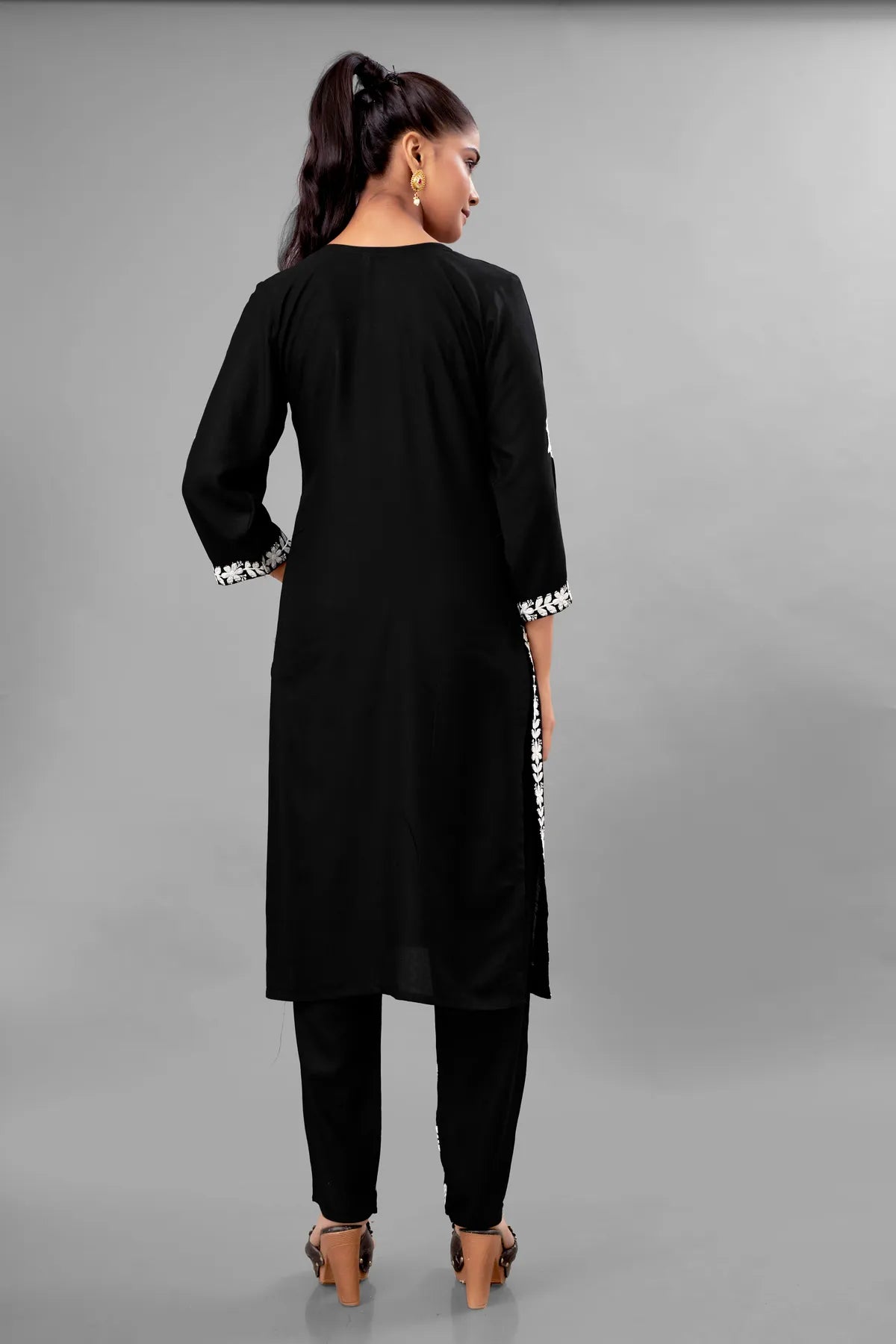 Black Partywear Chikankari Straight Kurta Palazzo Set Readymade For Women