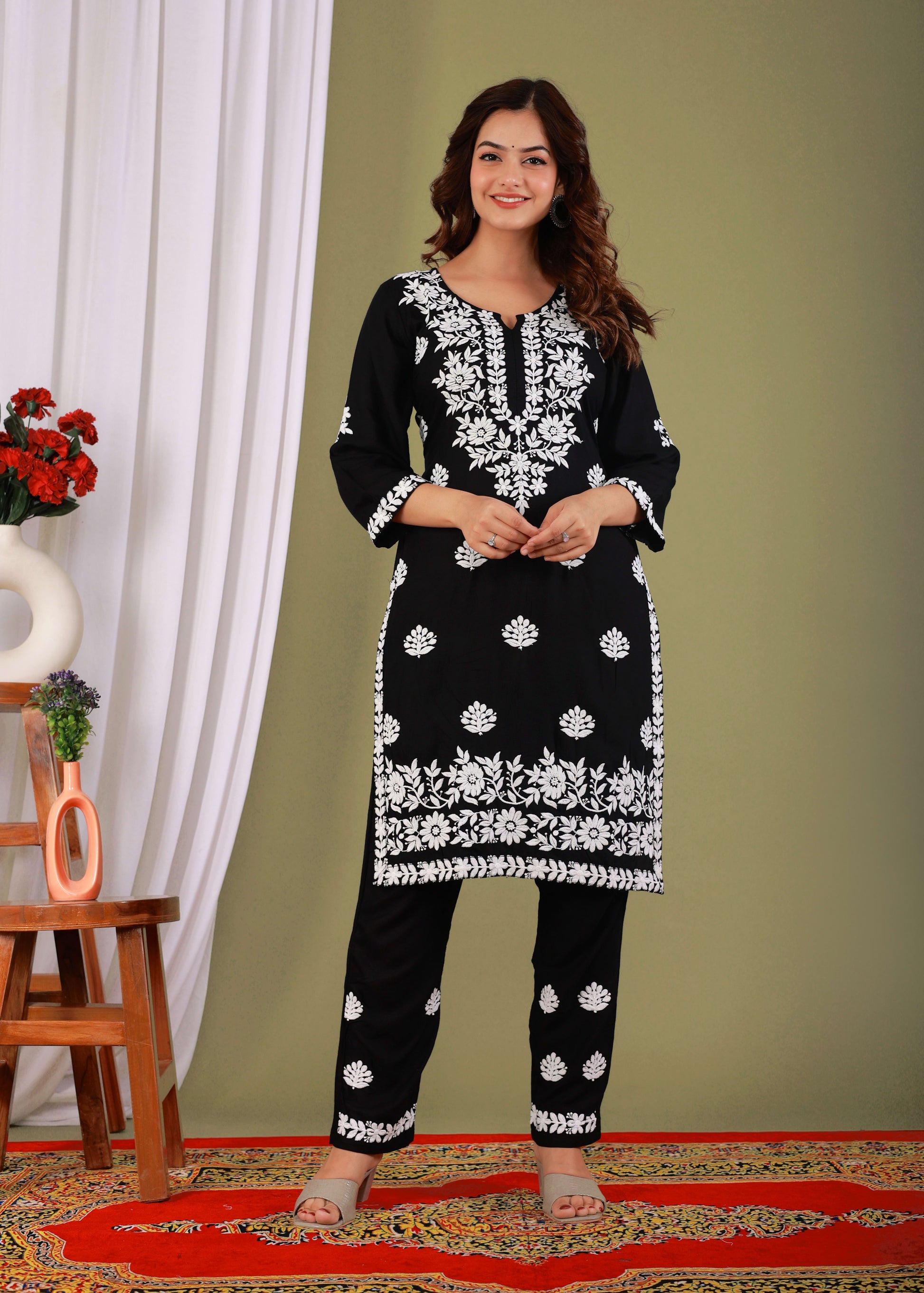 Black Exclusive Modal Kurti With The Plazzo Chikankari Fabric For Women