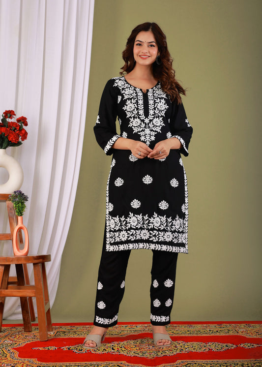 Black Exclusive Modal Kurti With The Plazzo Chikankari Fabric For Women