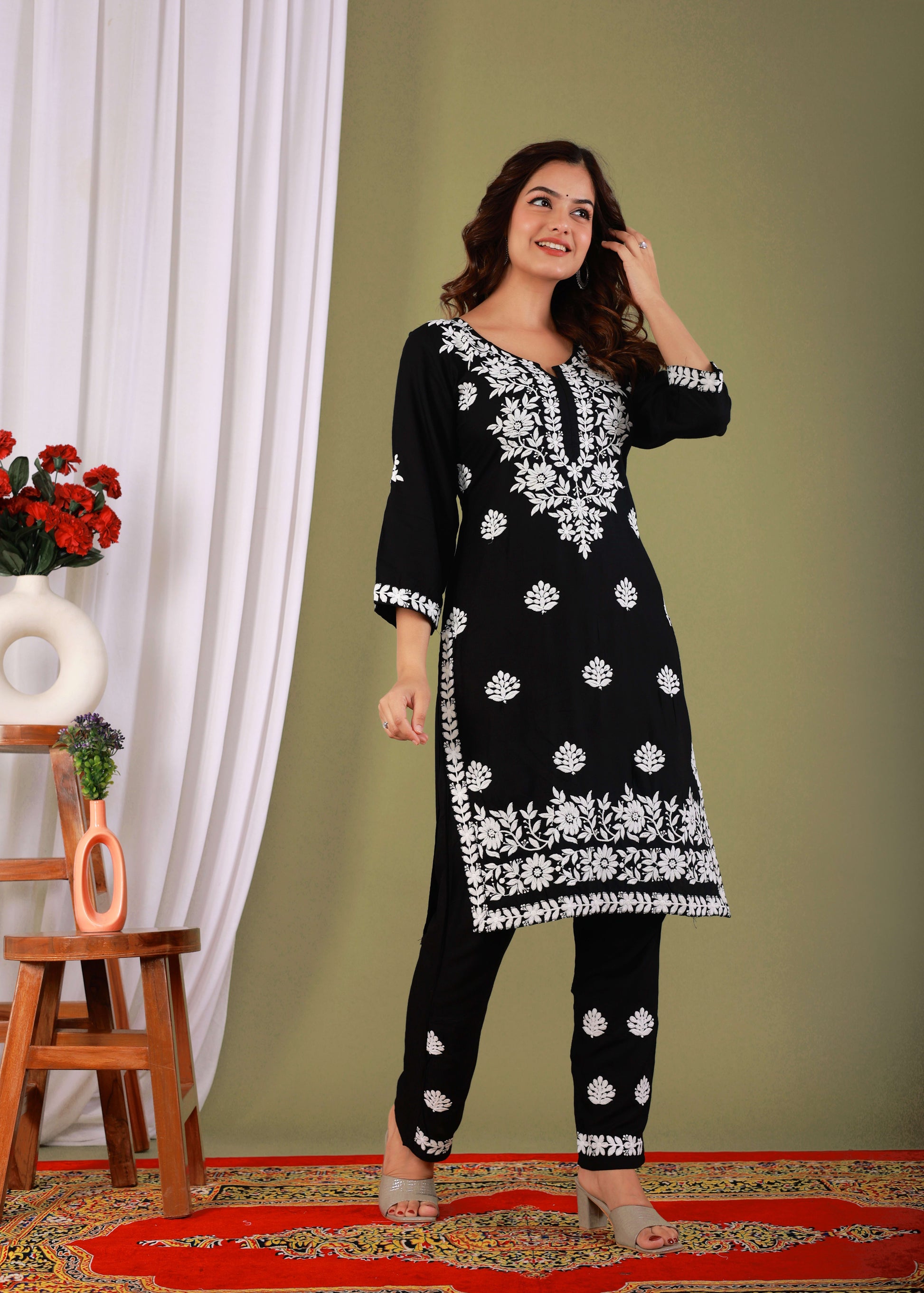 Black Exclusive Modal Kurti With The Plazzo Chikankari Fabric For Women