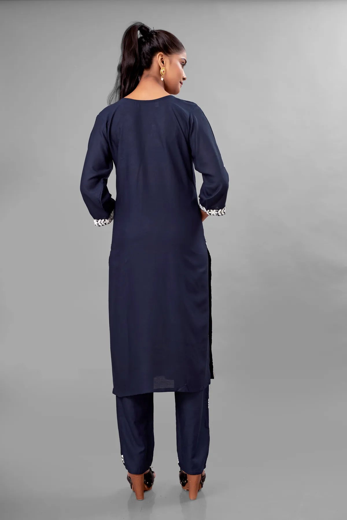 Blue Partywear Chikankari Straight Kurta Palazzo Set Readymade For Women