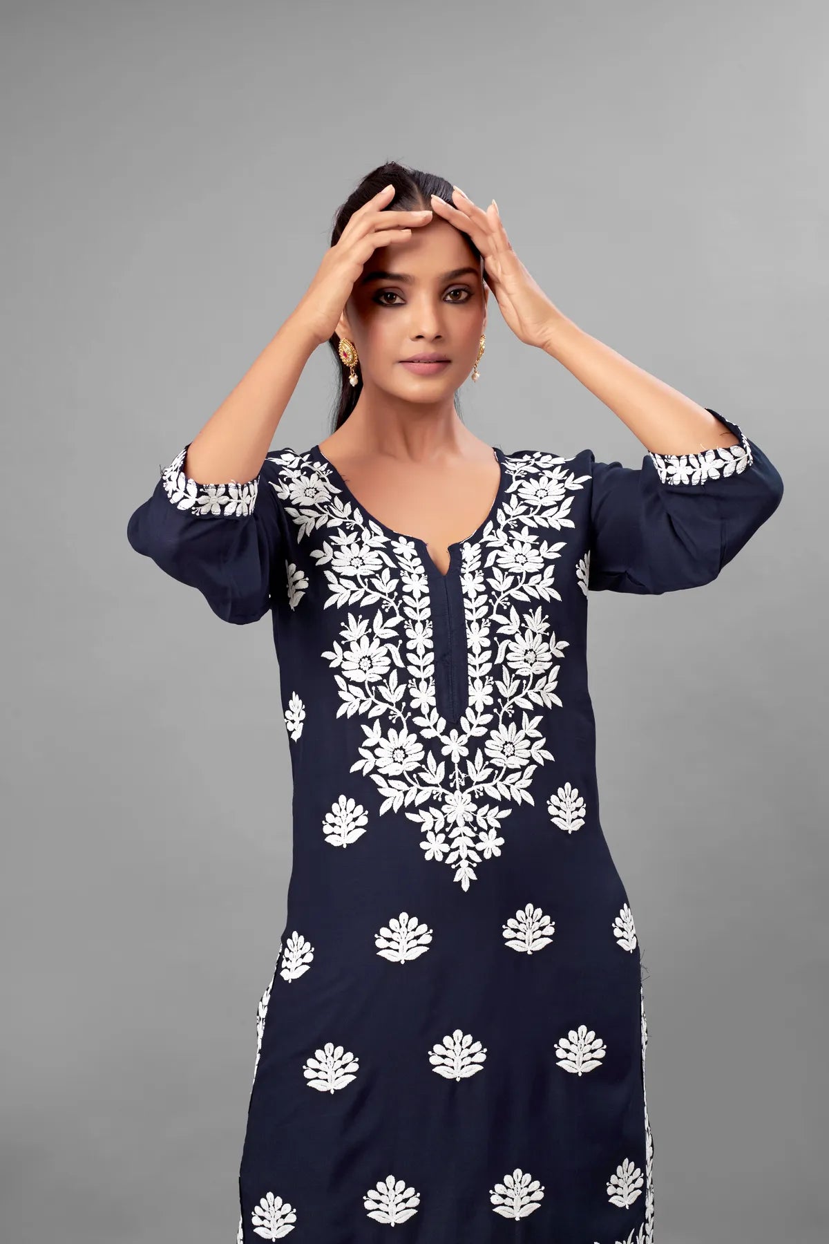 Blue Partywear Chikankari Straight Kurta Palazzo Set Readymade For Women