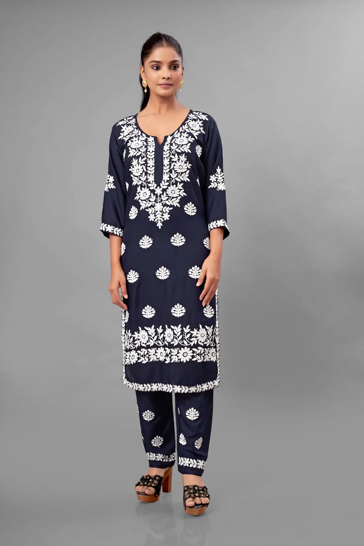 Blue Partywear Chikankari Straight Kurta Palazzo Set Readymade For Women
