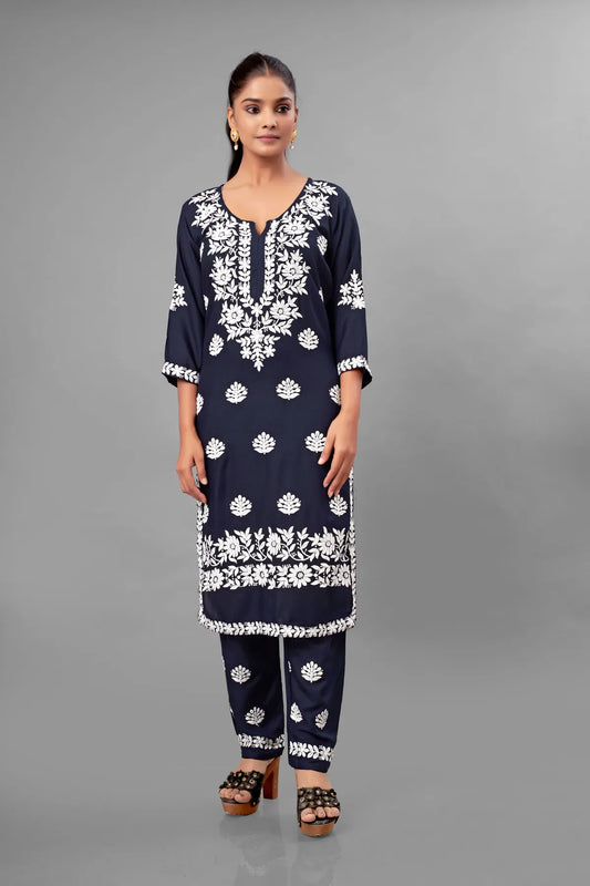 Blue Partywear Chikankari Straight Kurta Palazzo Set Readymade For Women