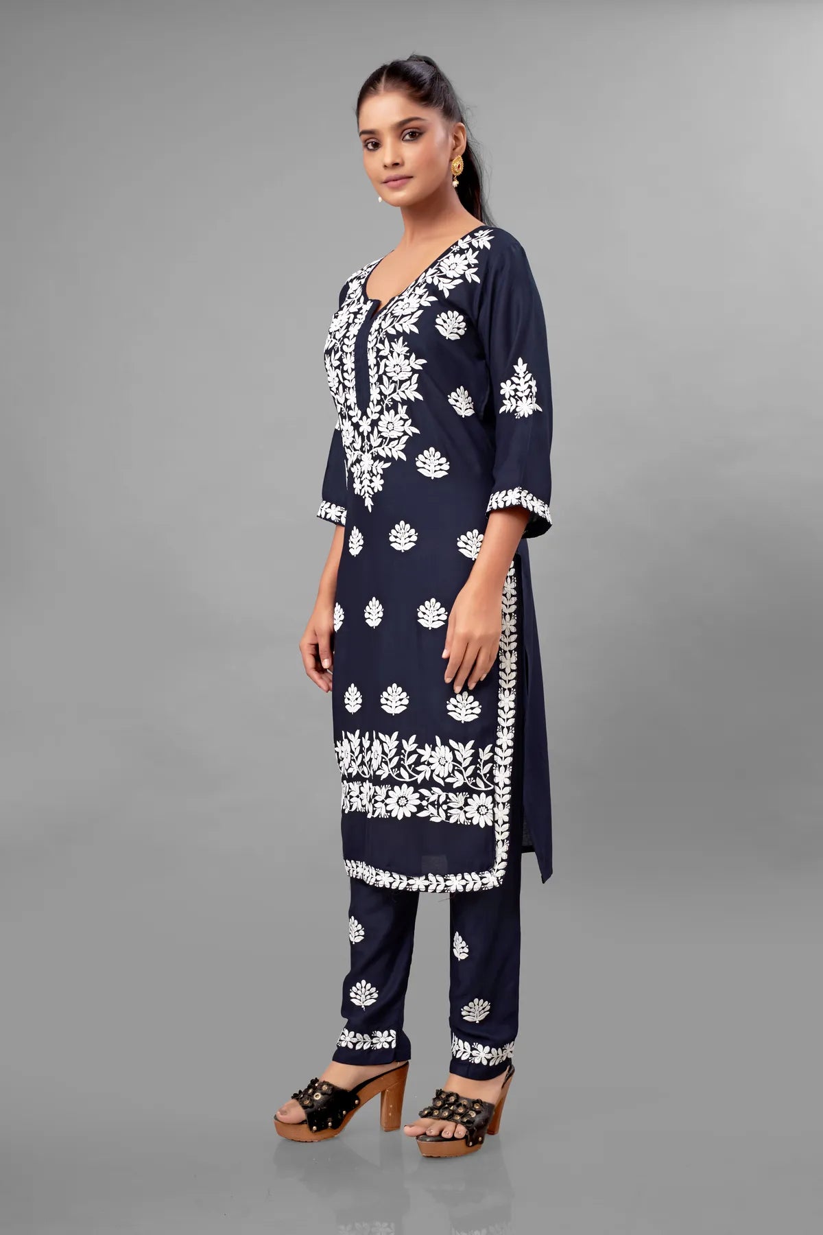 Blue Partywear Chikankari Straight Kurta Palazzo Set Readymade For Women