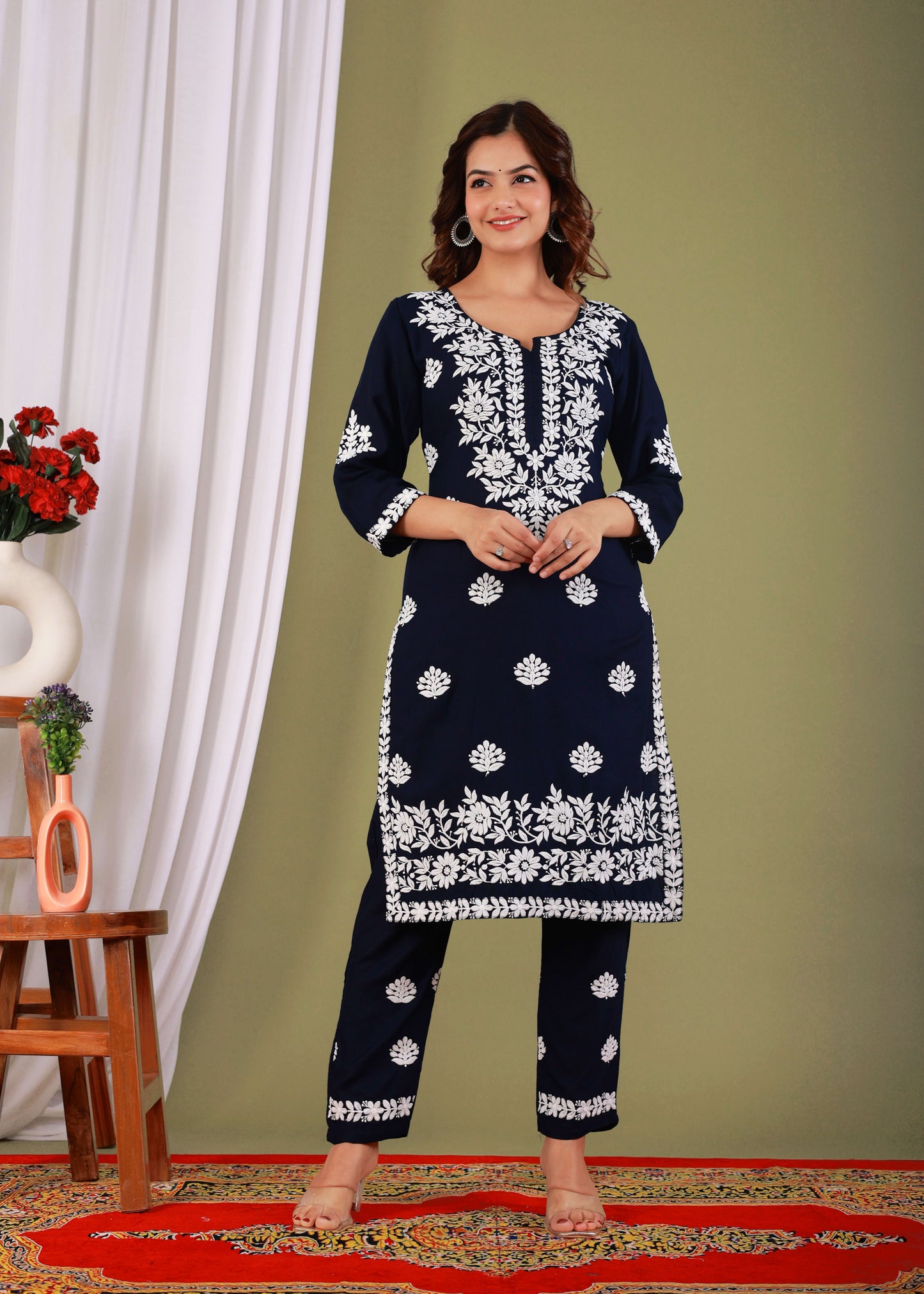 Blue Exclusive Modal Kurti With The Plazzo Chikankari Fabric For Women