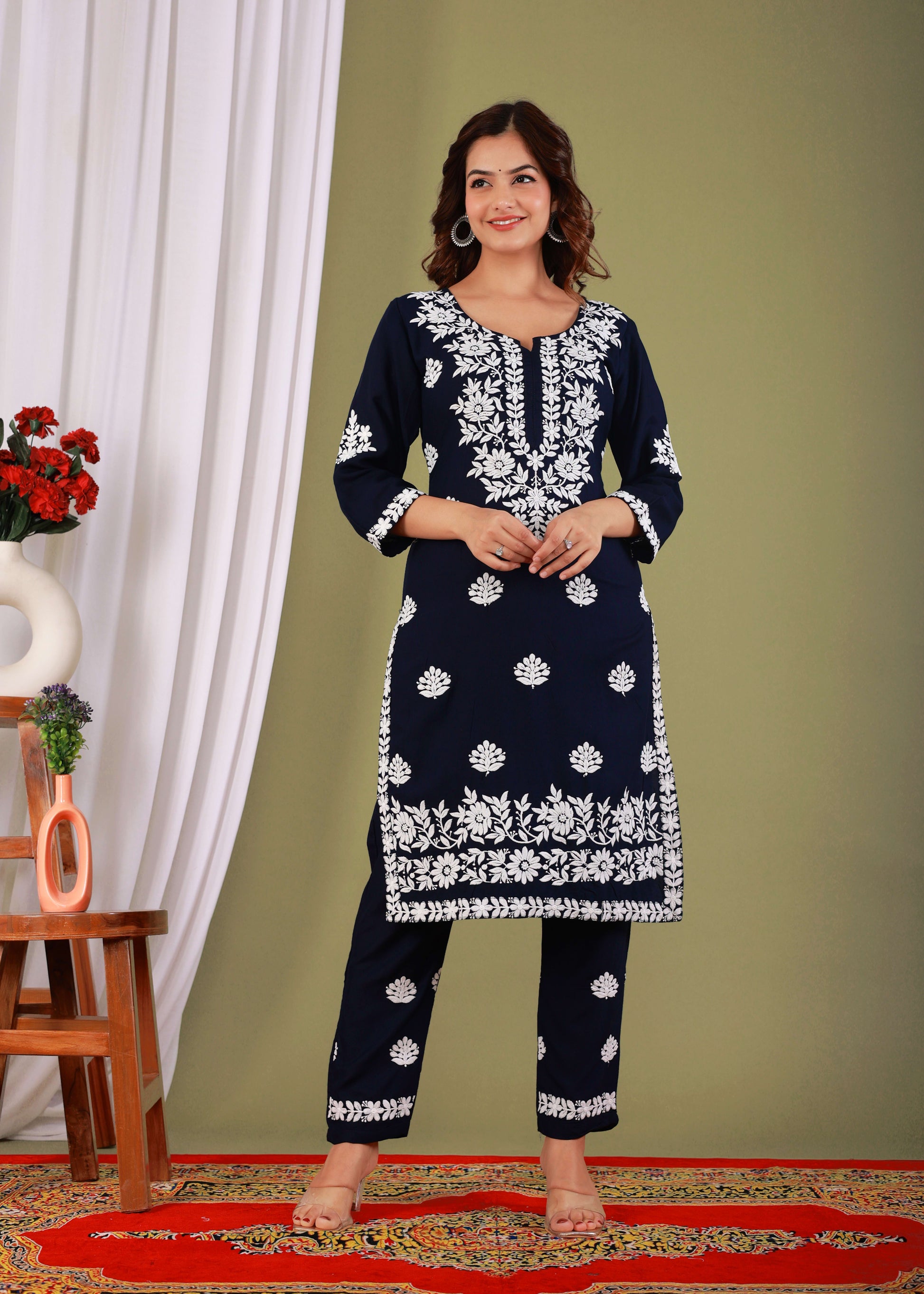 Blue Exclusive Modal Kurti With The Plazzo Chikankari Fabric For Women