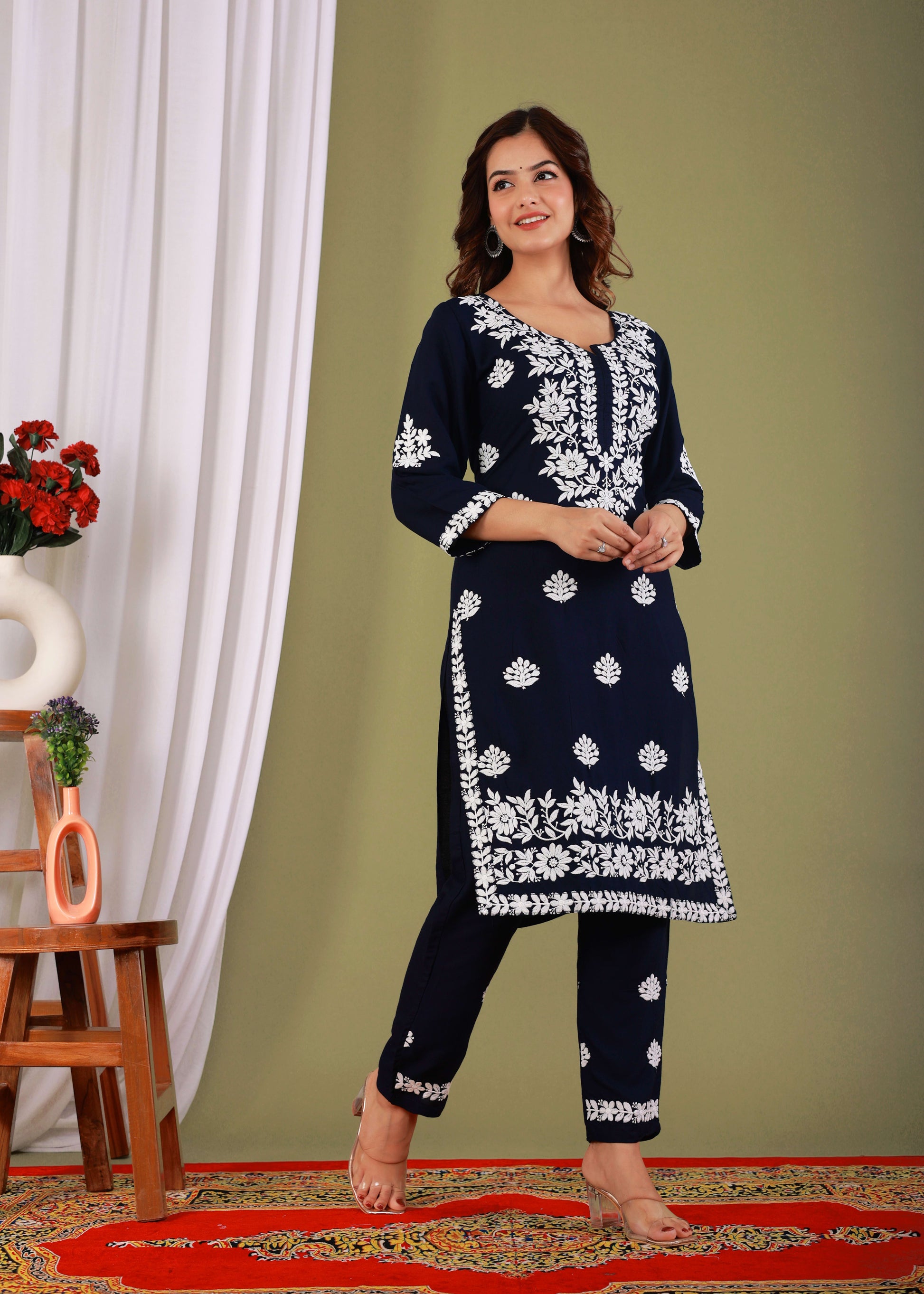 Blue Exclusive Modal Kurti With The Plazzo Chikankari Fabric For Women