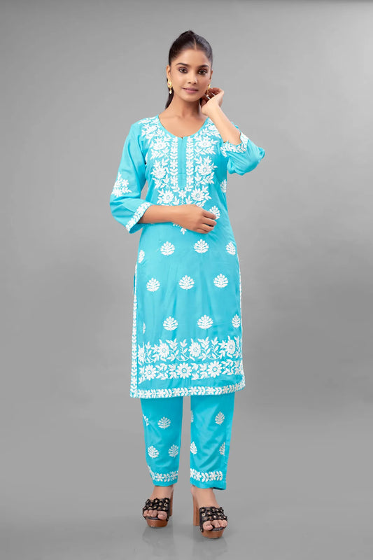 Firoji Partywear Chikankari Straight Kurta Palazzo Set Readymade For Women