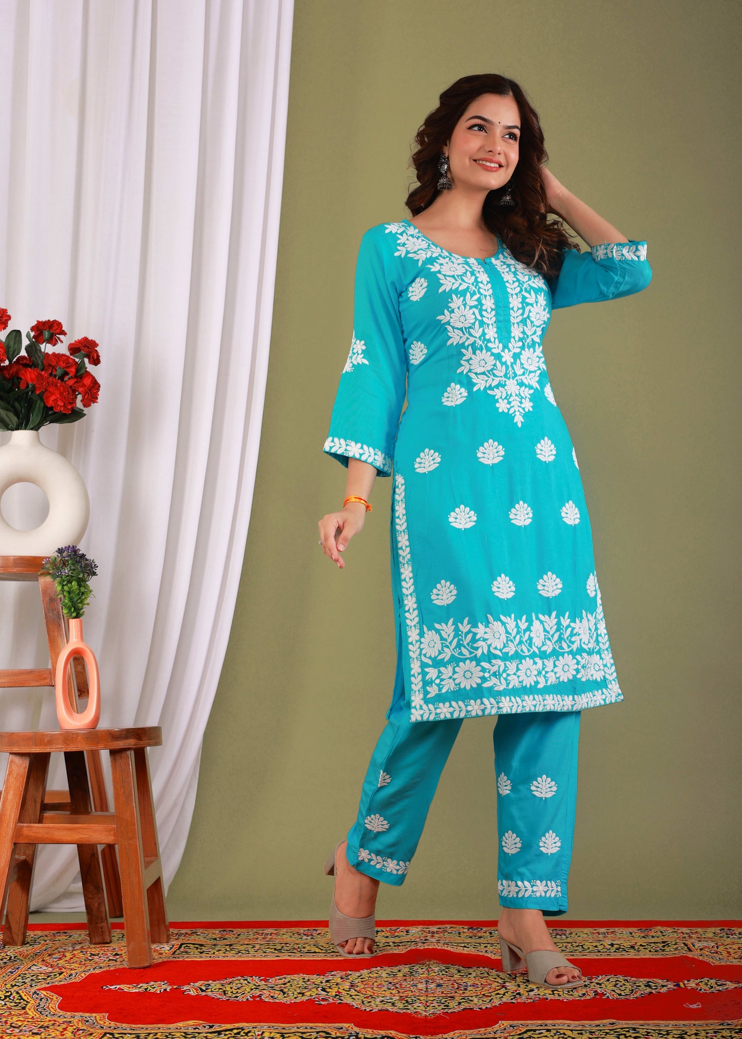 Firoji Exclusive Modal Kurti With The Plazzo Chikankari Fabric For Women