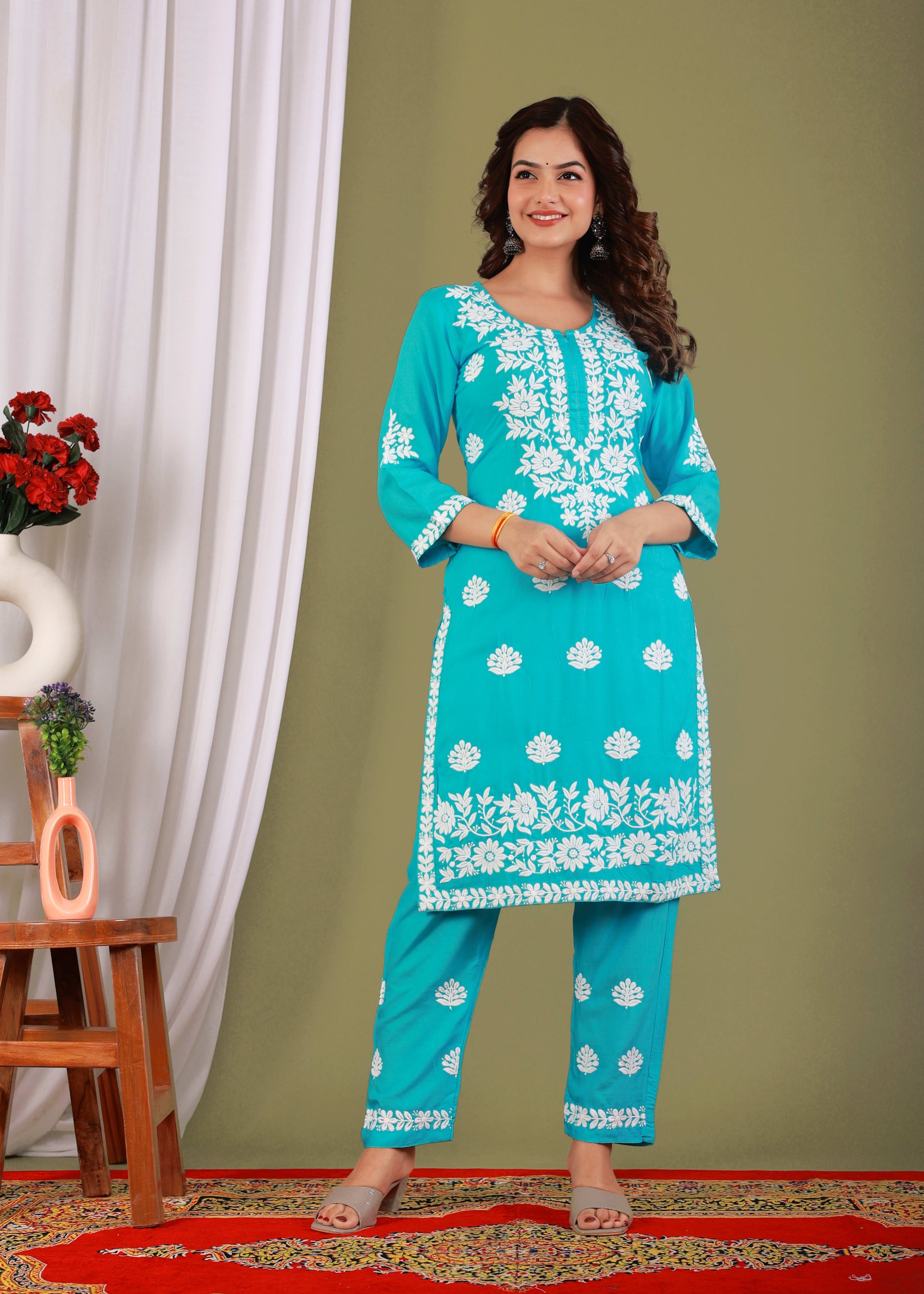 Firoji Exclusive Modal Kurti With The Plazzo Chikankari Fabric For Women