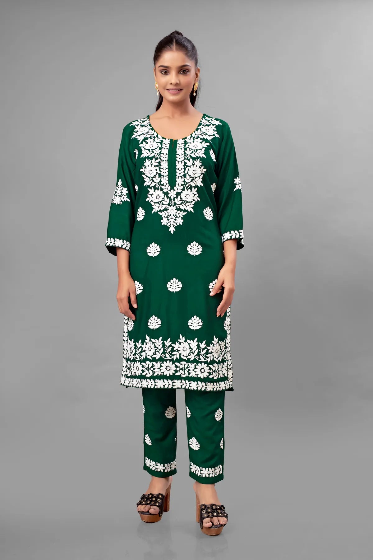 Green Partywear Chikankari Straight Kurta Palazzo Set Readymade For Women