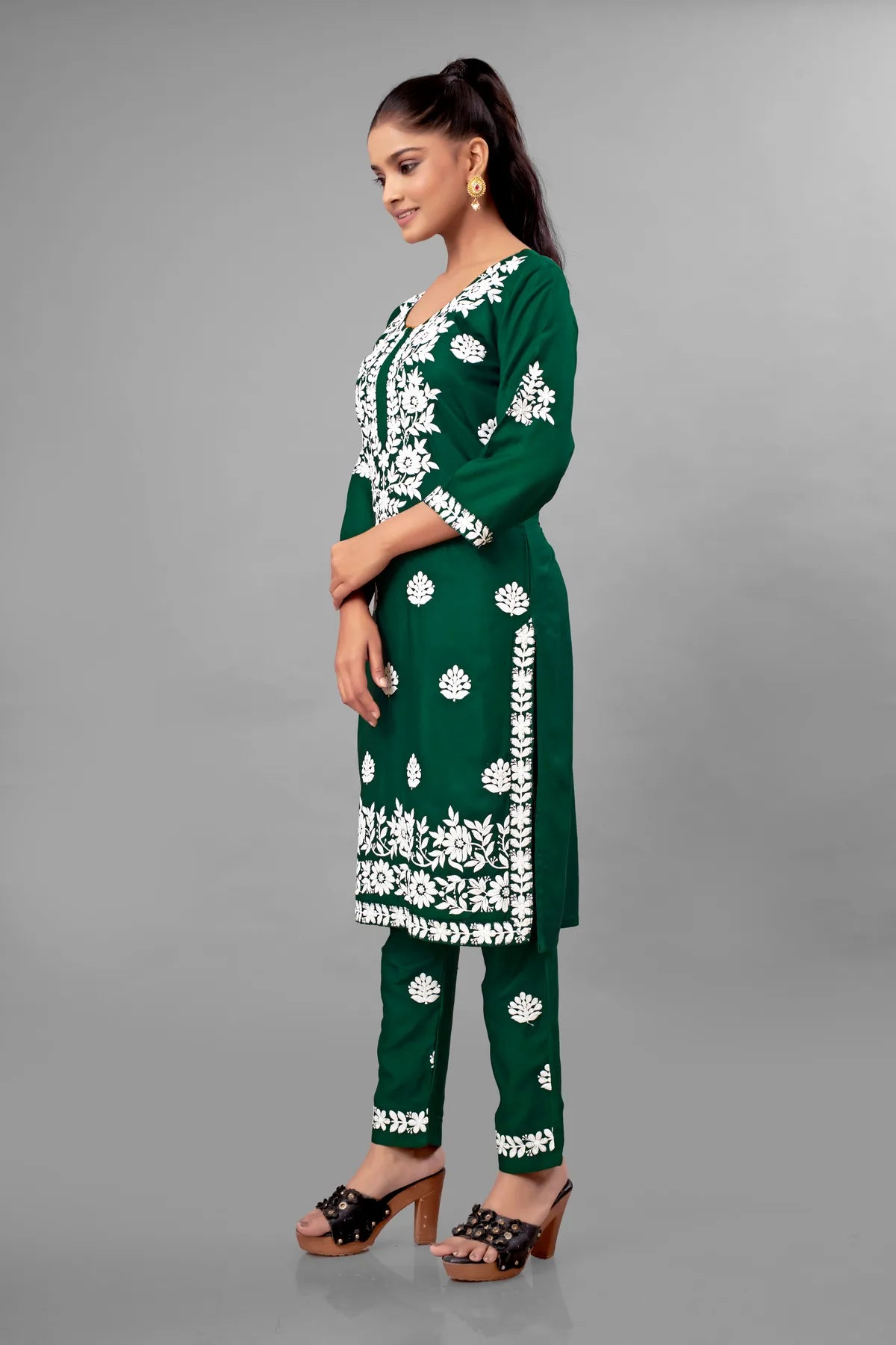 Green Partywear Chikankari Straight Kurta Palazzo Set Readymade For Women