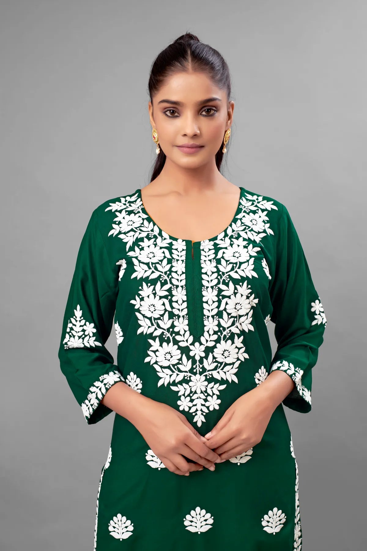 Green Partywear Chikankari Straight Kurta Palazzo Set Readymade For Women