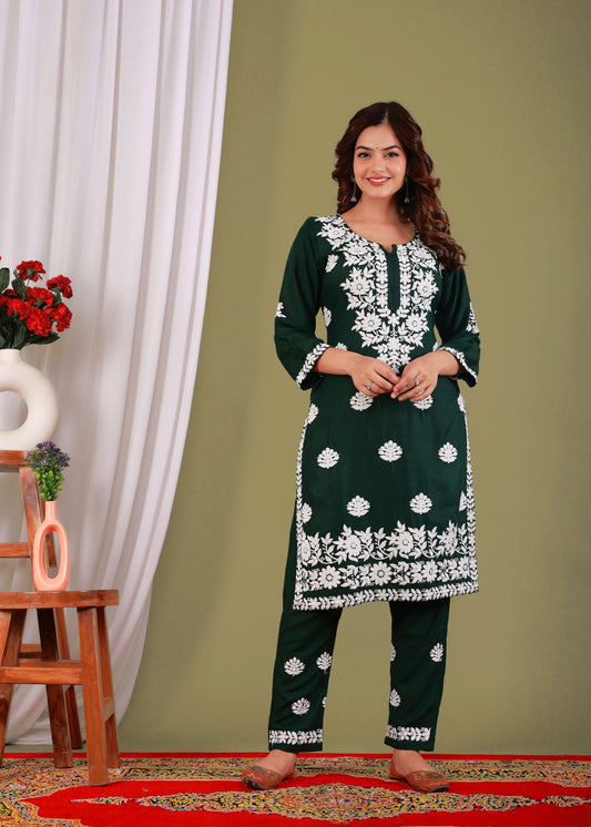 Green Exclusive Modal Kurti With The Plazzo Chikankari Fabric For Women