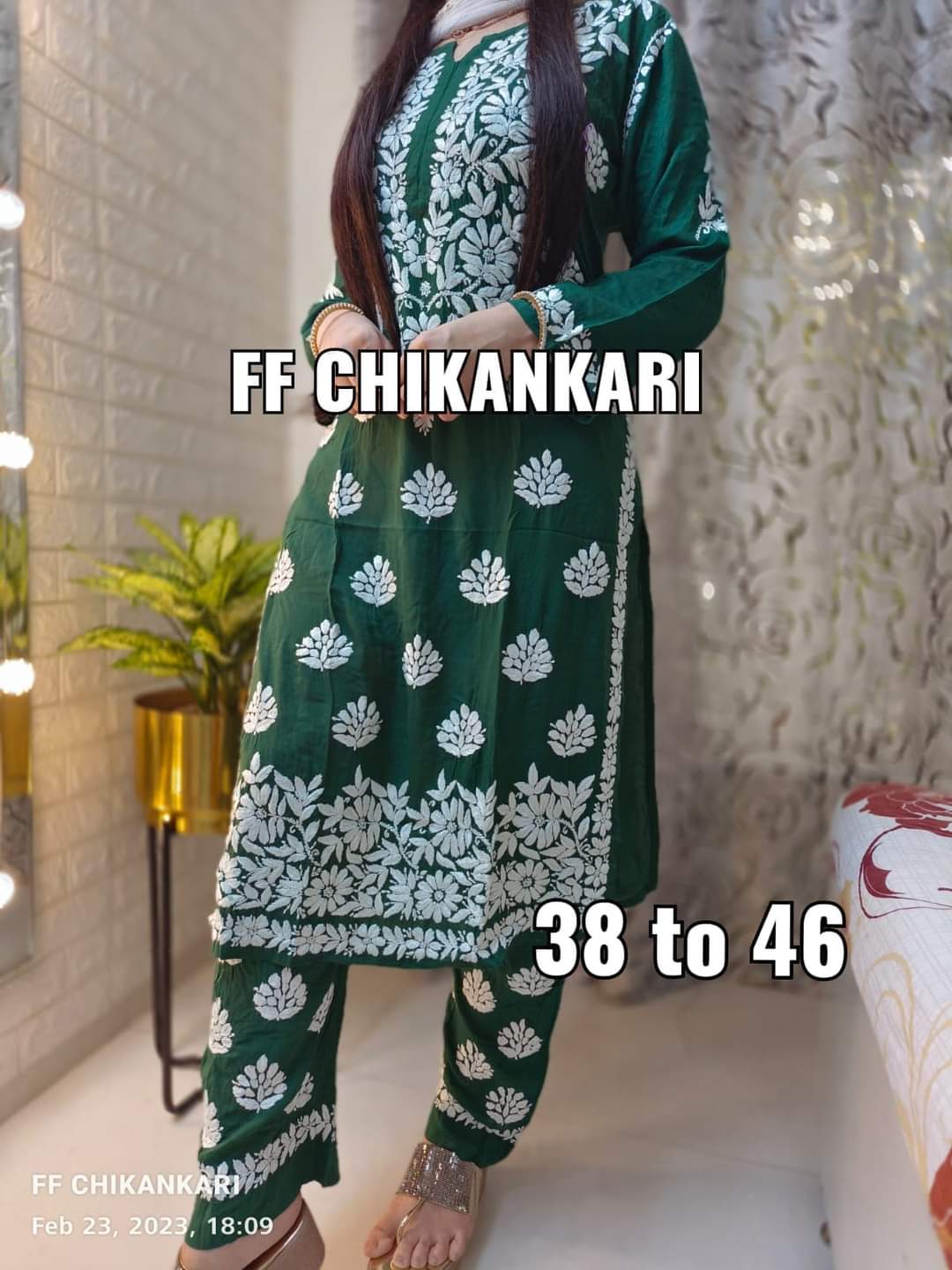 GREEN Women Embroidery Chikankari Kurti Plazzo set