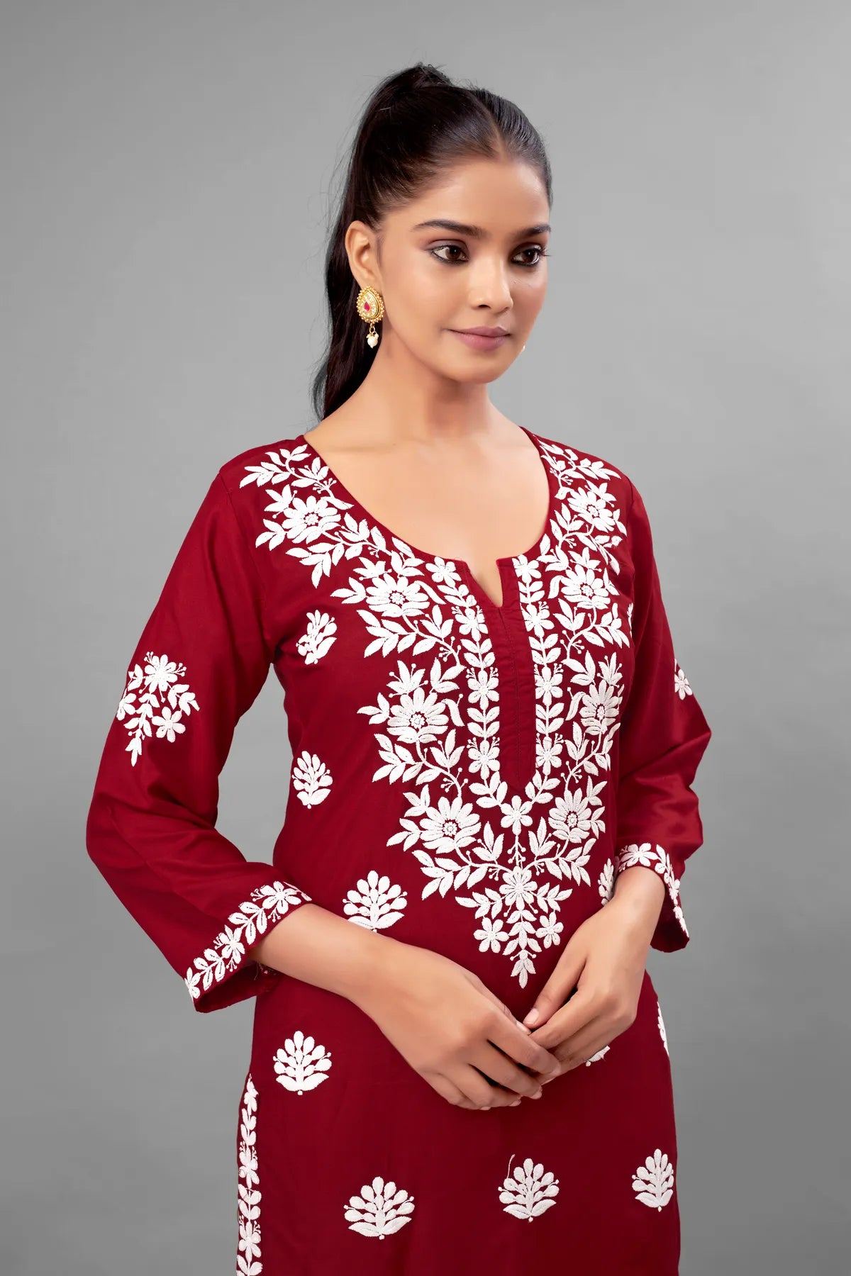 Maroon Partywear Chikankari Straight Kurta Palazzo Set Readymade For Women