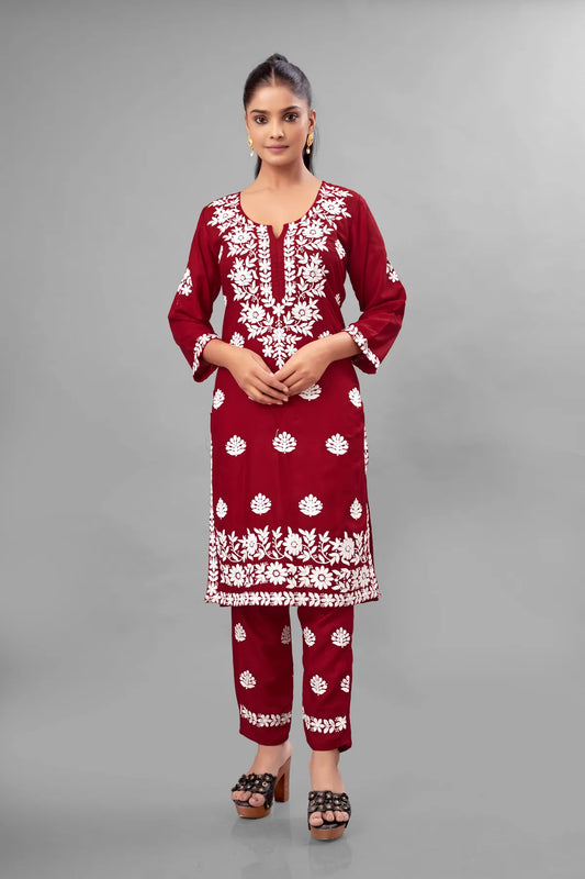 Maroon Partywear Chikankari Straight Kurta Palazzo Set Readymade For Women