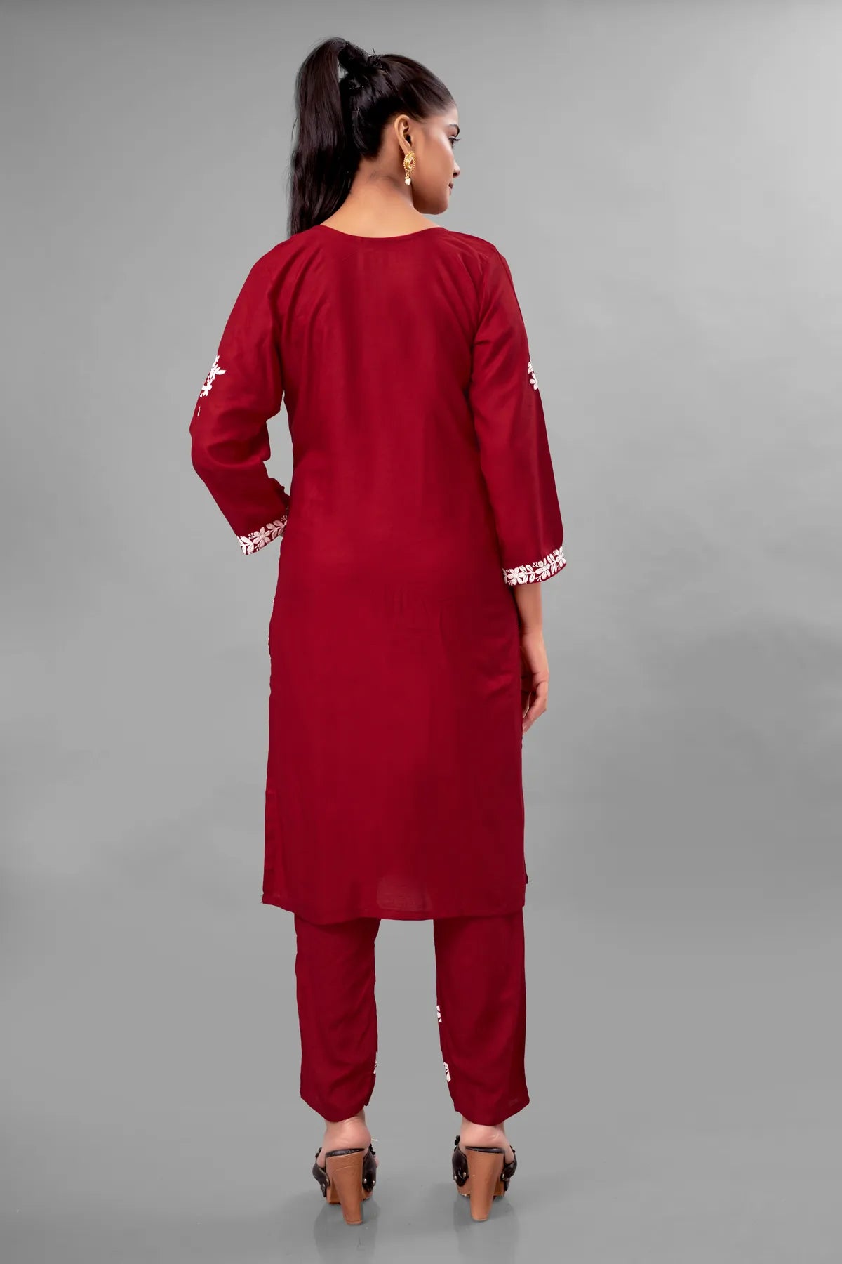 Maroon Partywear Chikankari Straight Kurta Palazzo Set Readymade For Women