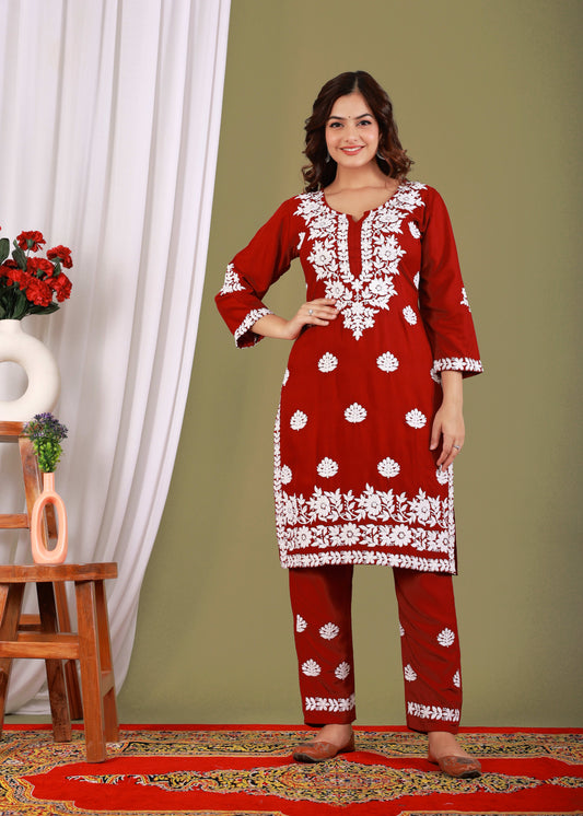 Maroon Exclusive Modal Kurti With The Plazzo Chikankari Fabric For Women
