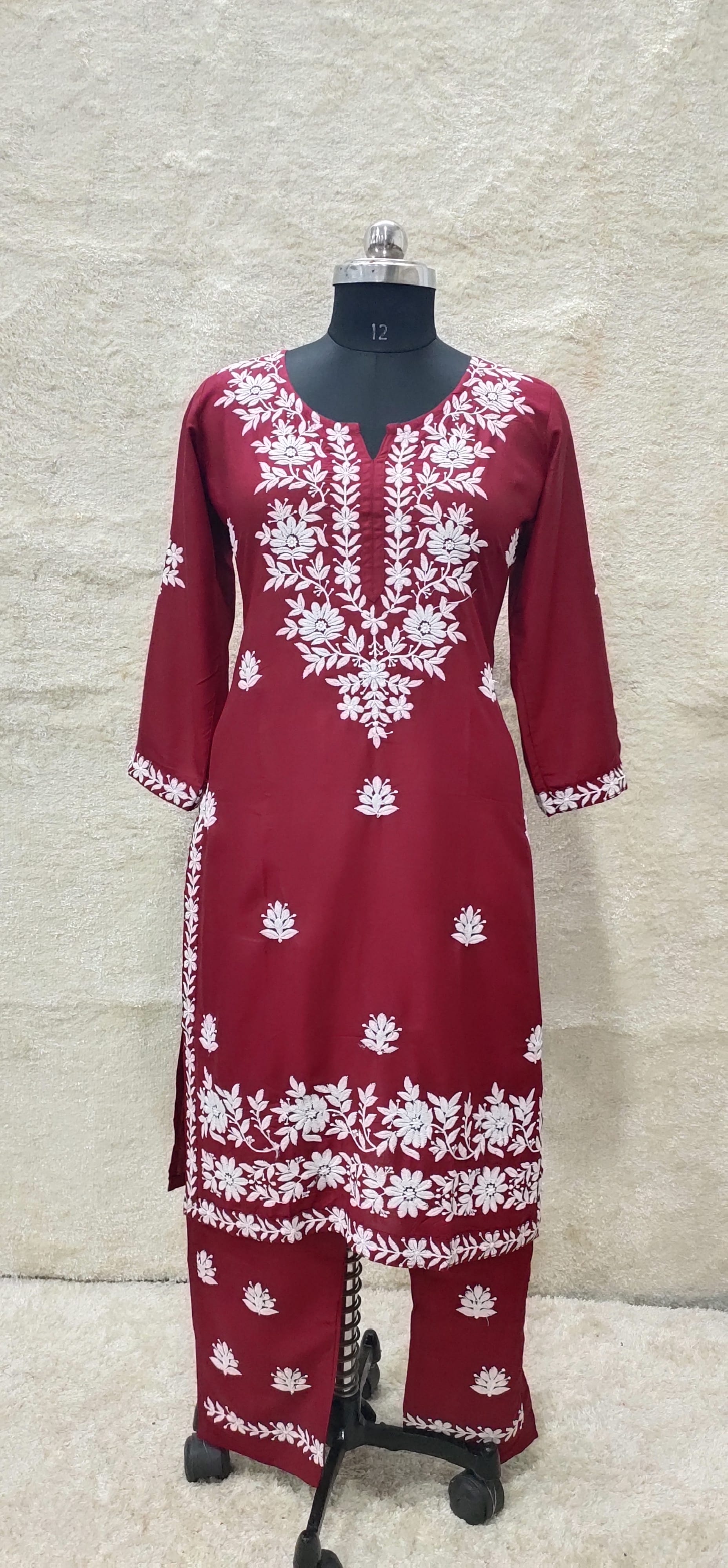 MAROON Women Embroidery Chikankari Kurti Plazzo set