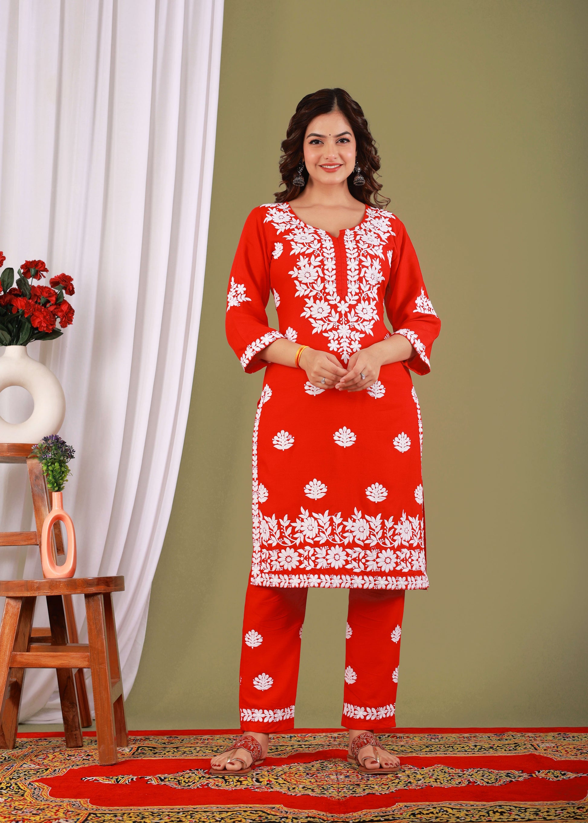 Red Exclusive Modal Kurti With The Plazzo Chikankari Fabric For Women