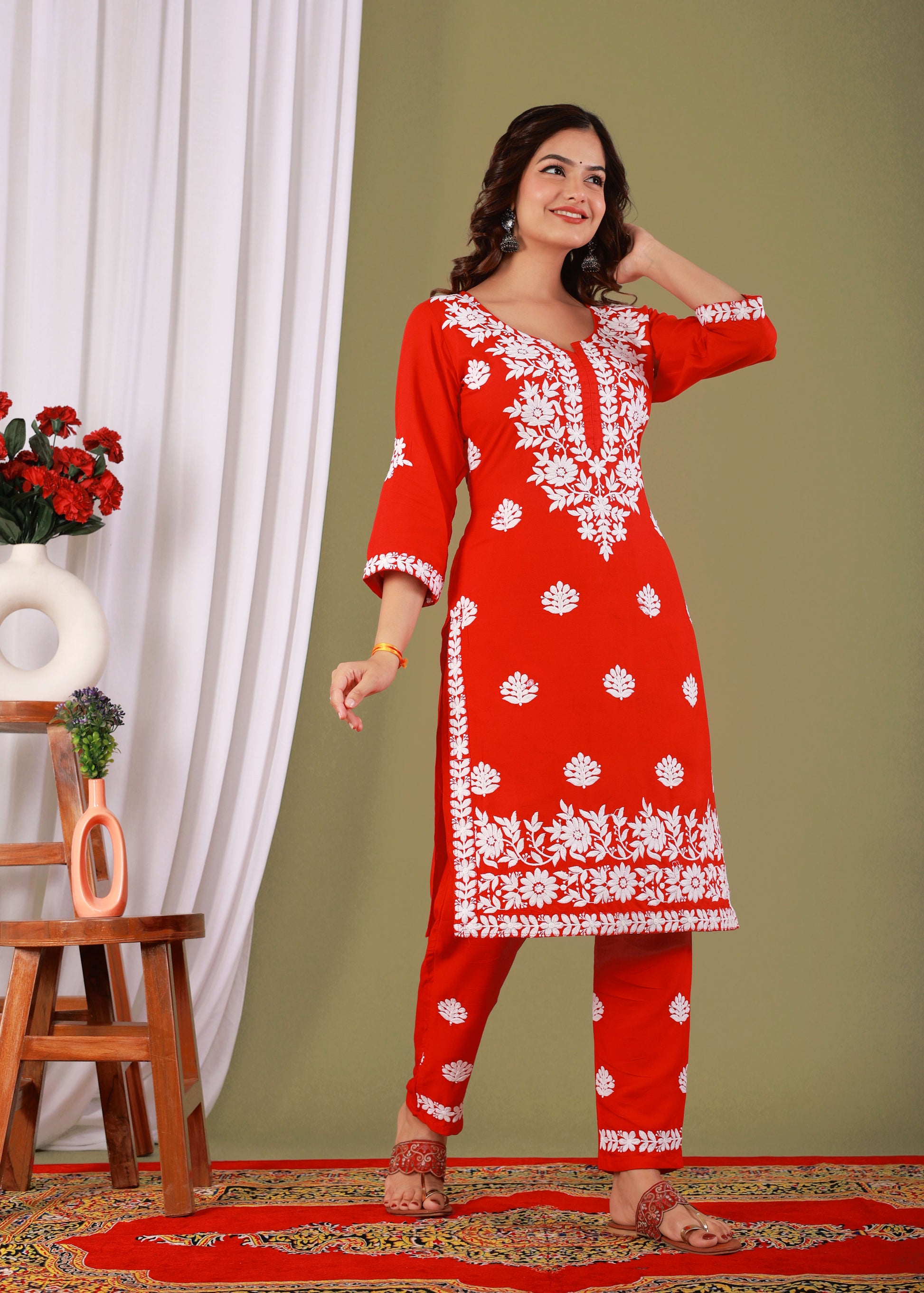 Red Exclusive Modal Kurti With The Plazzo Chikankari Fabric For Women