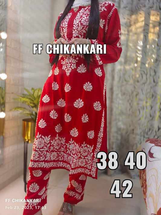 RED Women Embroidery Chikankari Kurti Plazzo set