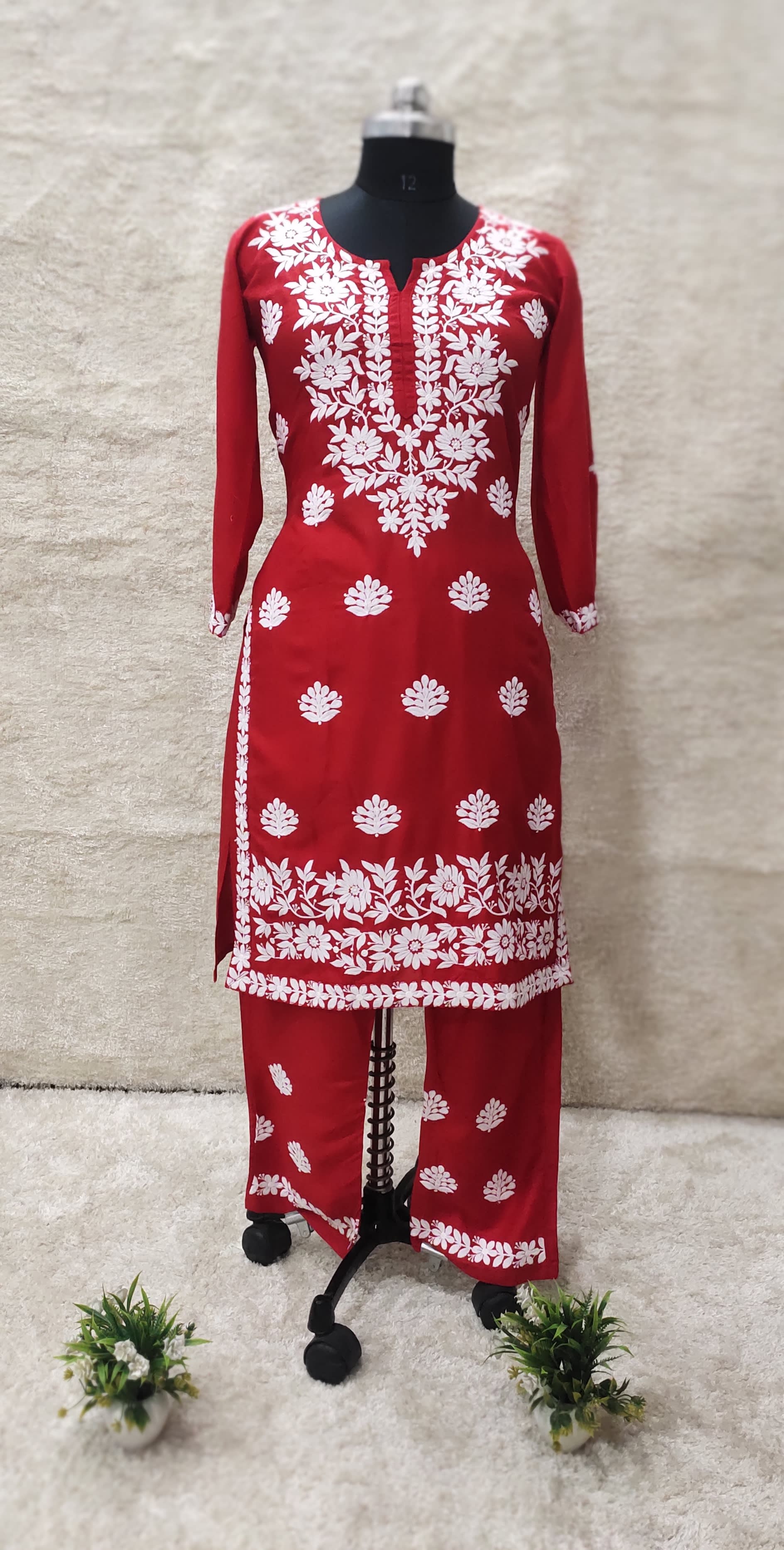 RED Women Embroidery Chikankari Kurti Plazzo set