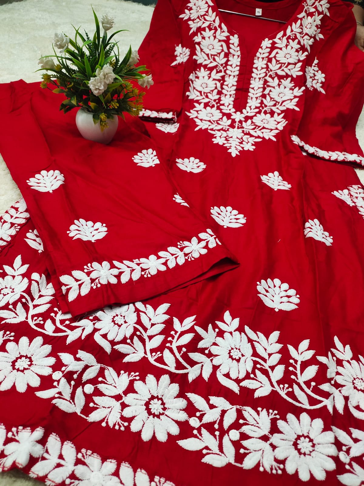 RED Women Embroidery Chikankari Kurti Plazzo set