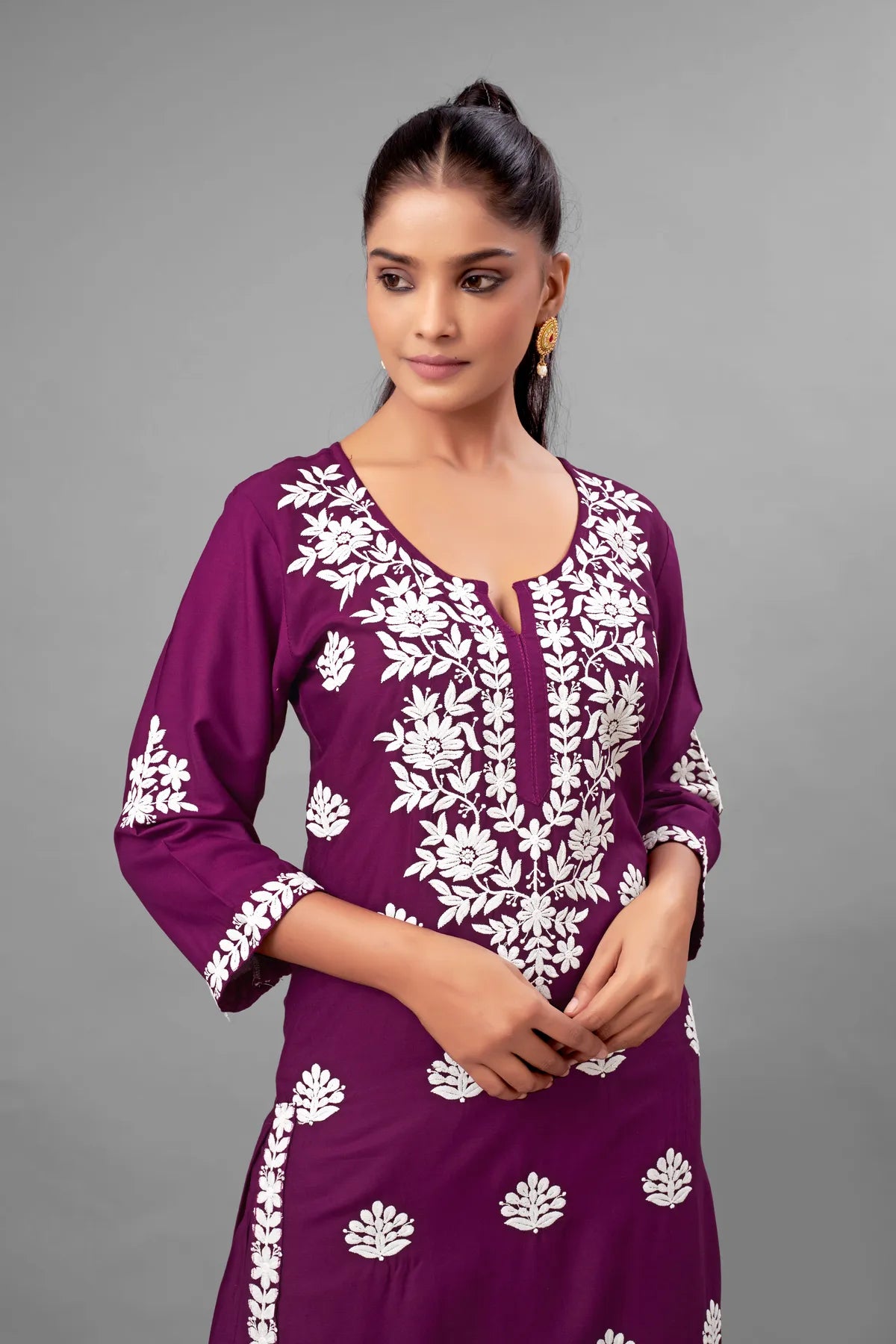 Wine Partywear Chikankari Straight Kurta Palazzo Set Readymade For Women