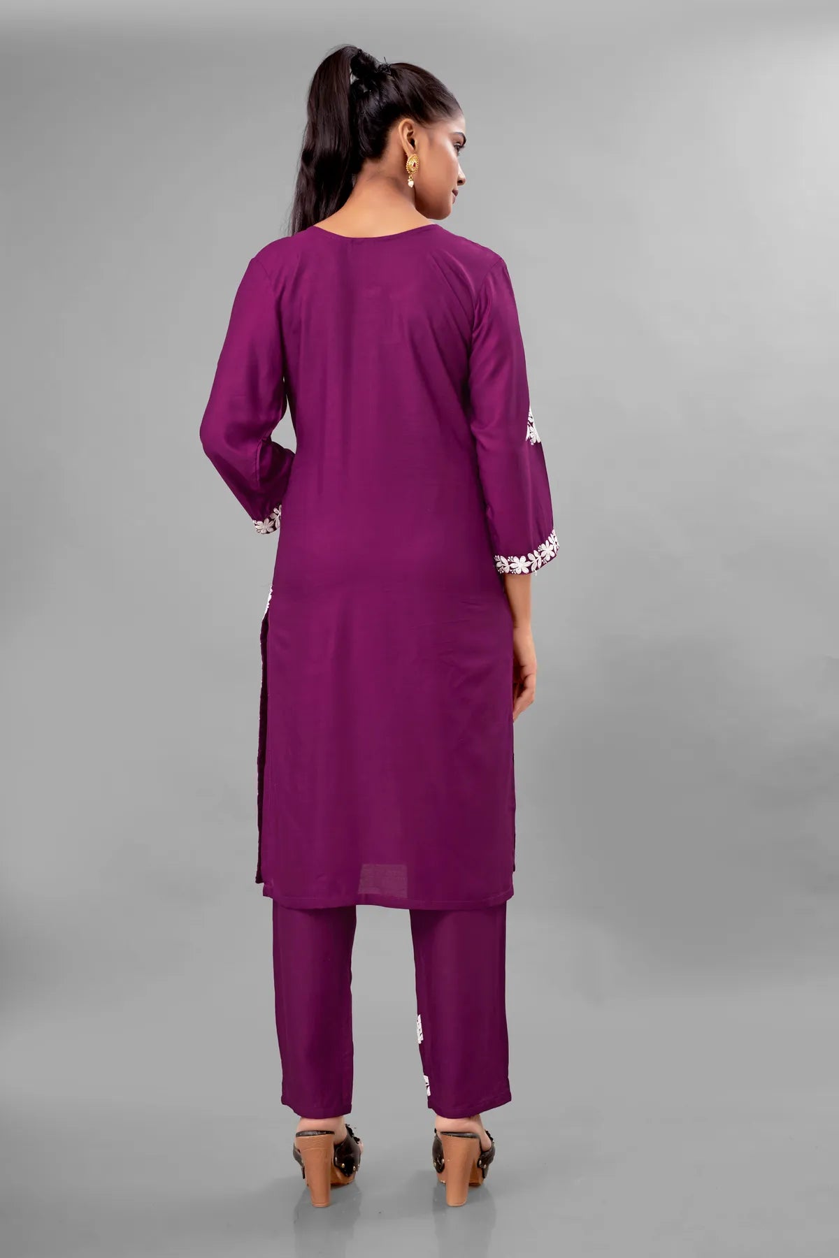 Wine Partywear Chikankari Straight Kurta Palazzo Set Readymade For Women