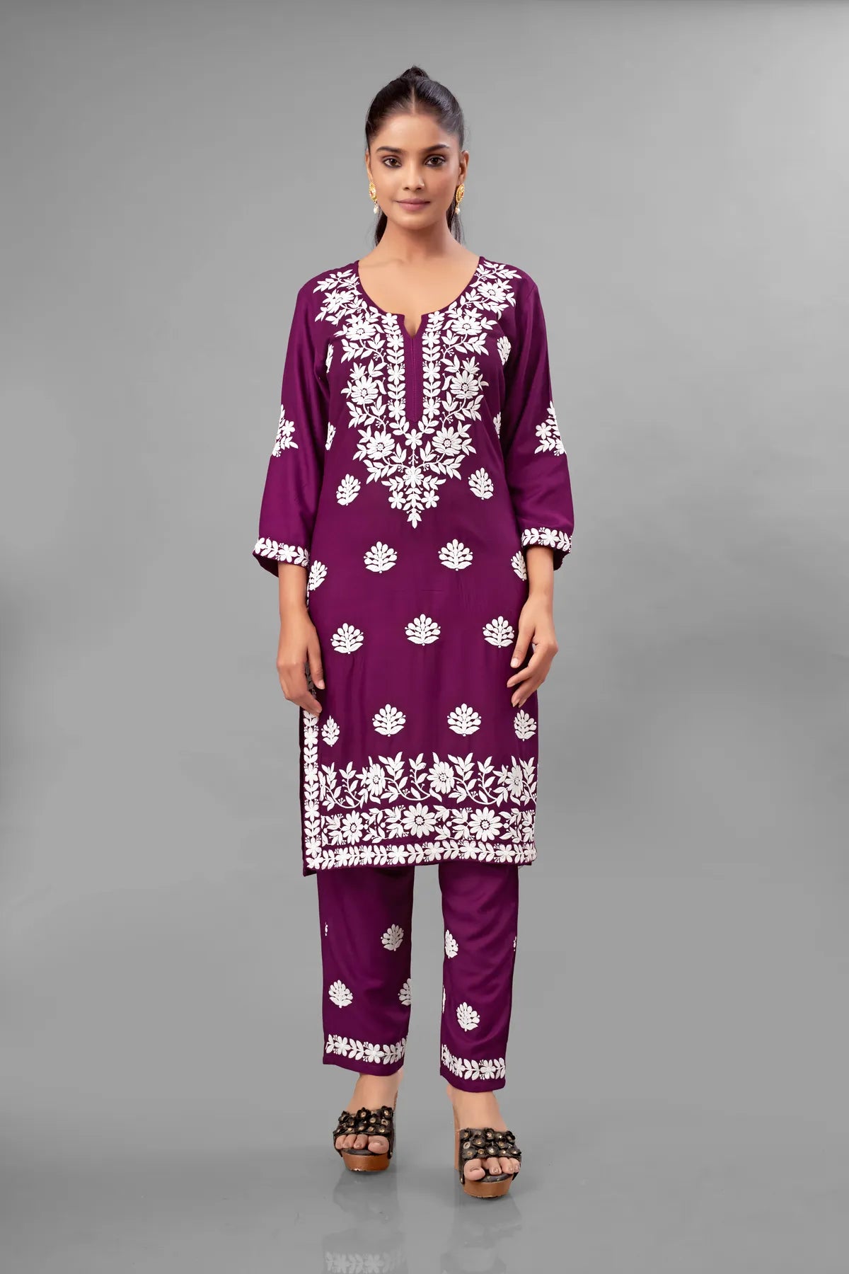 Wine Partywear Chikankari Straight Kurta Palazzo Set Readymade For Women