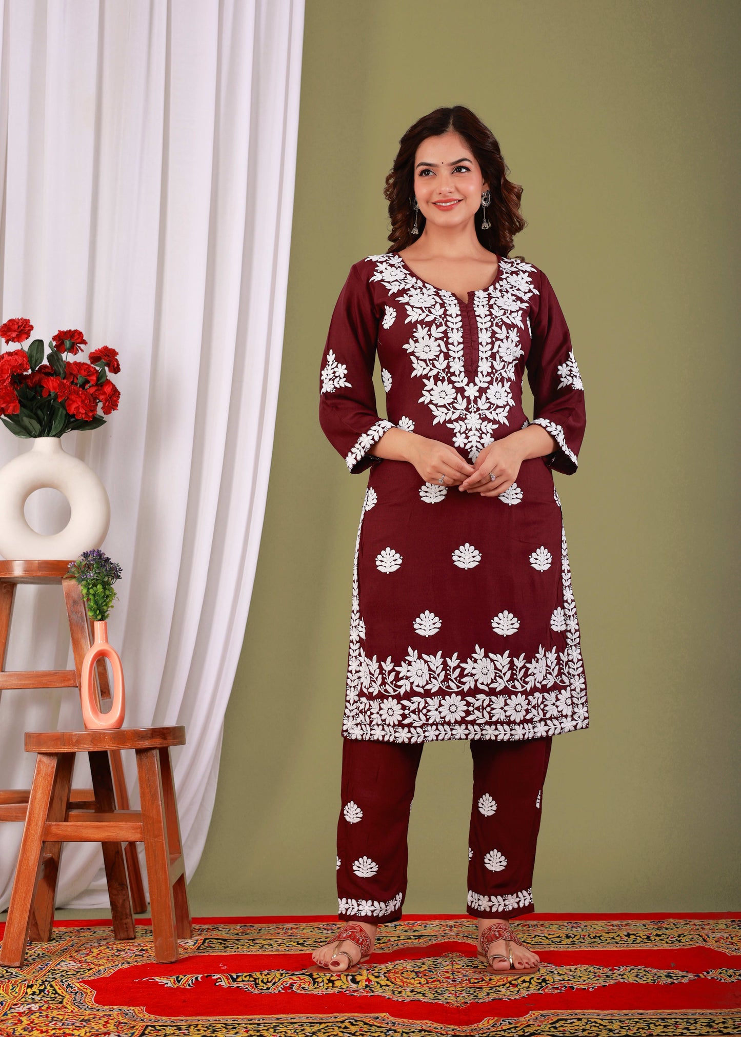 Wine Exclusive Modal Kurti With The Plazzo Chikankari Fabric For Women