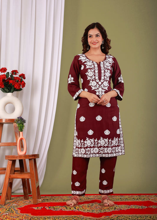 Wine Exclusive Modal Kurti With The Plazzo Chikankari Fabric For Women