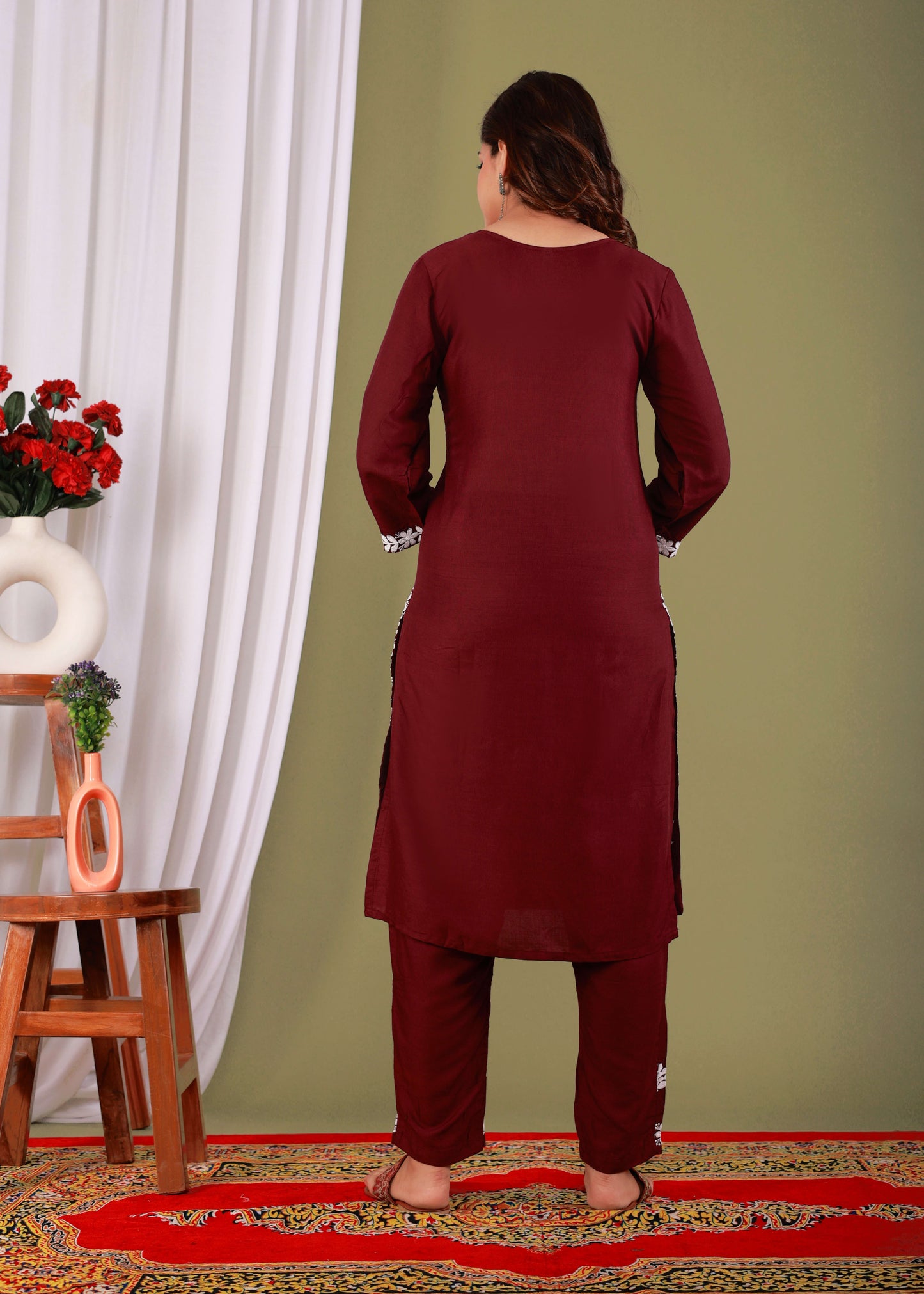 Wine Exclusive Modal Kurti With The Plazzo Chikankari Fabric For Women
