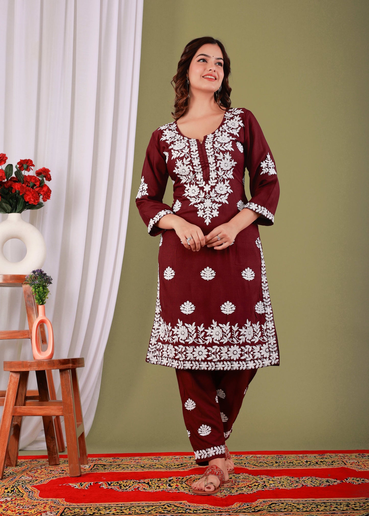 Wine Exclusive Modal Kurti With The Plazzo Chikankari Fabric For Women